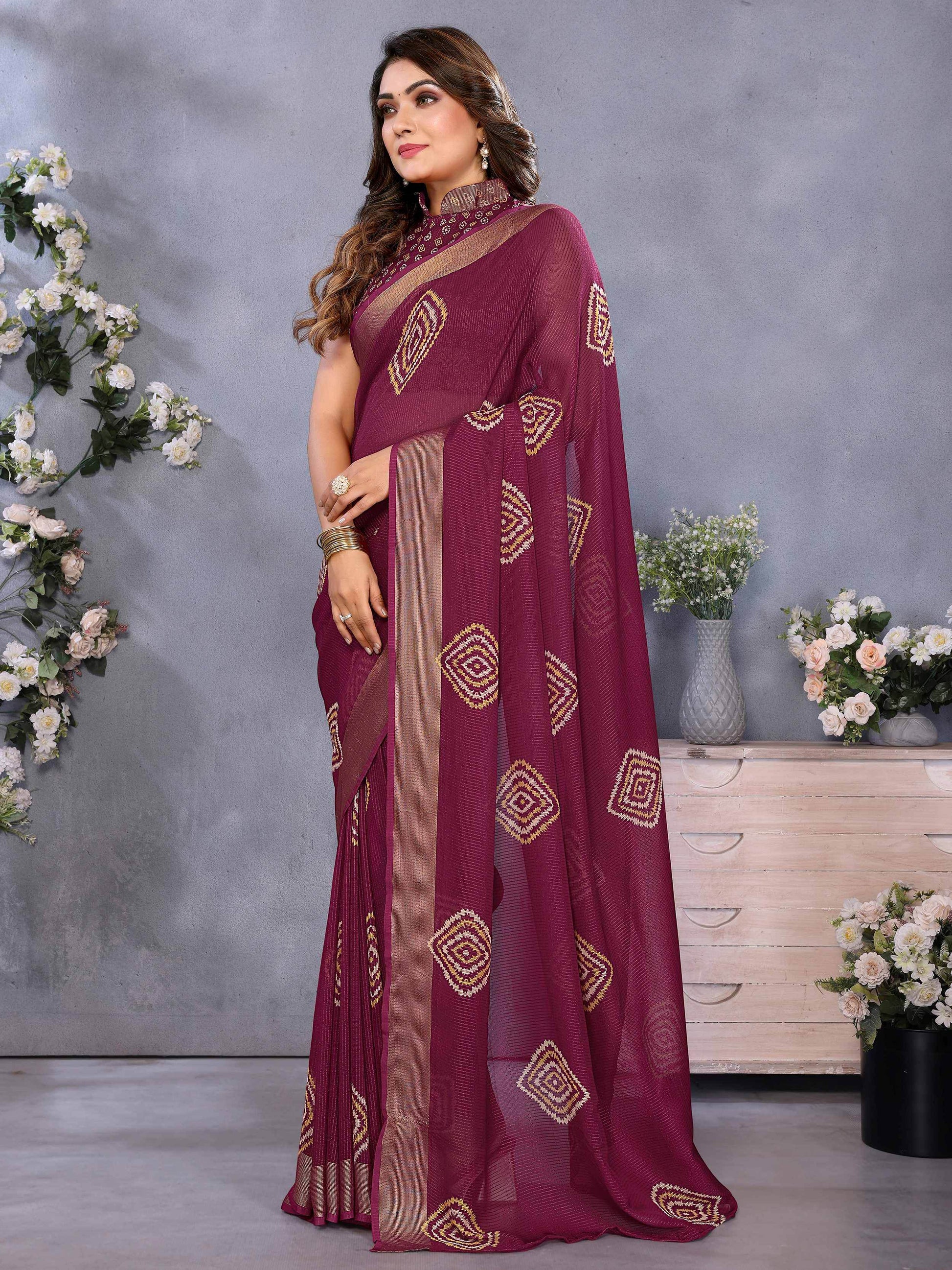 Excellent Wine Shibori Printed Chiffon Event Wear Saree With Blouse - Zeel Clothing