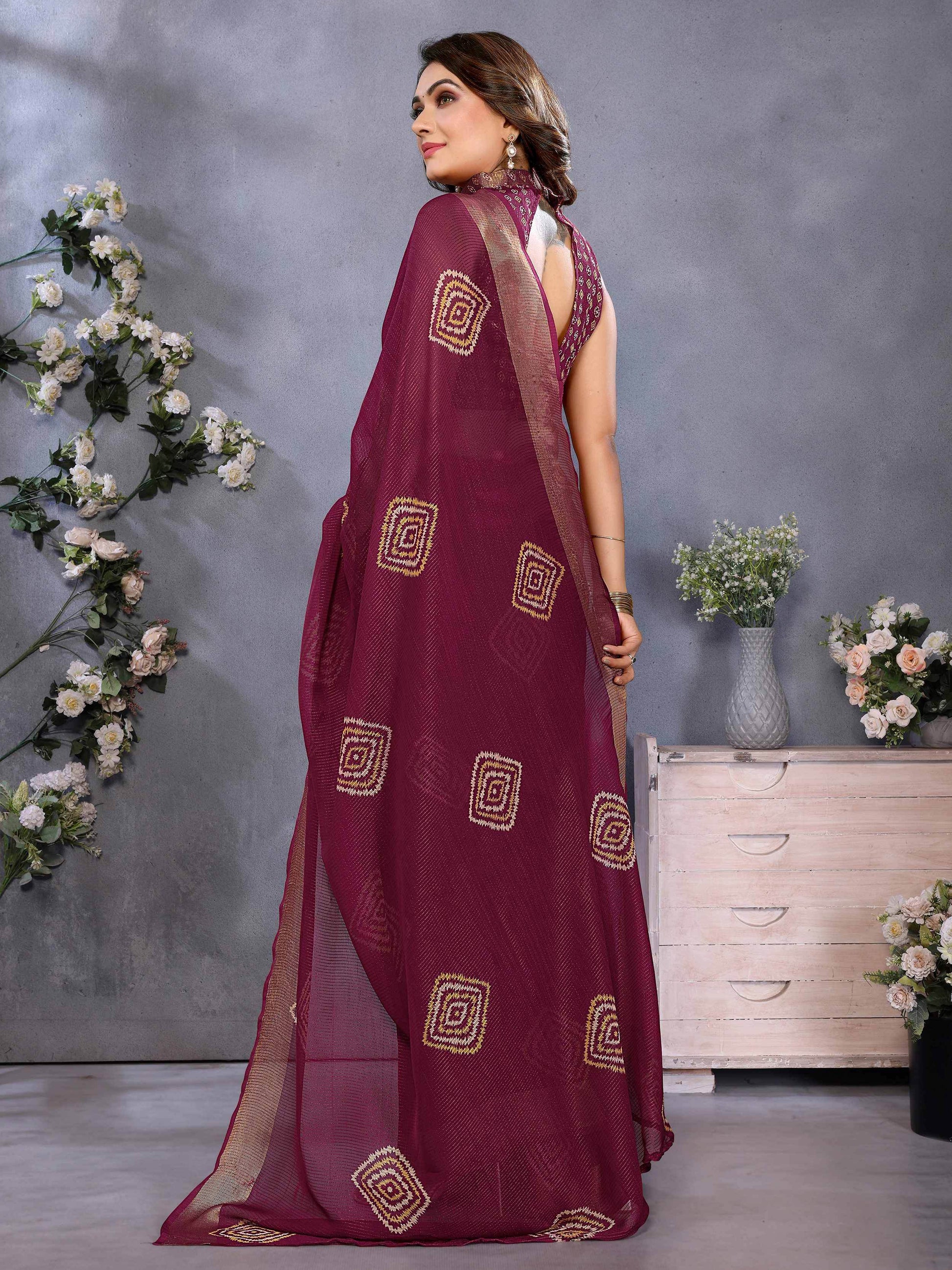 Excellent Wine Shibori Printed Chiffon Event Wear Saree With Blouse - Zeel Clothing