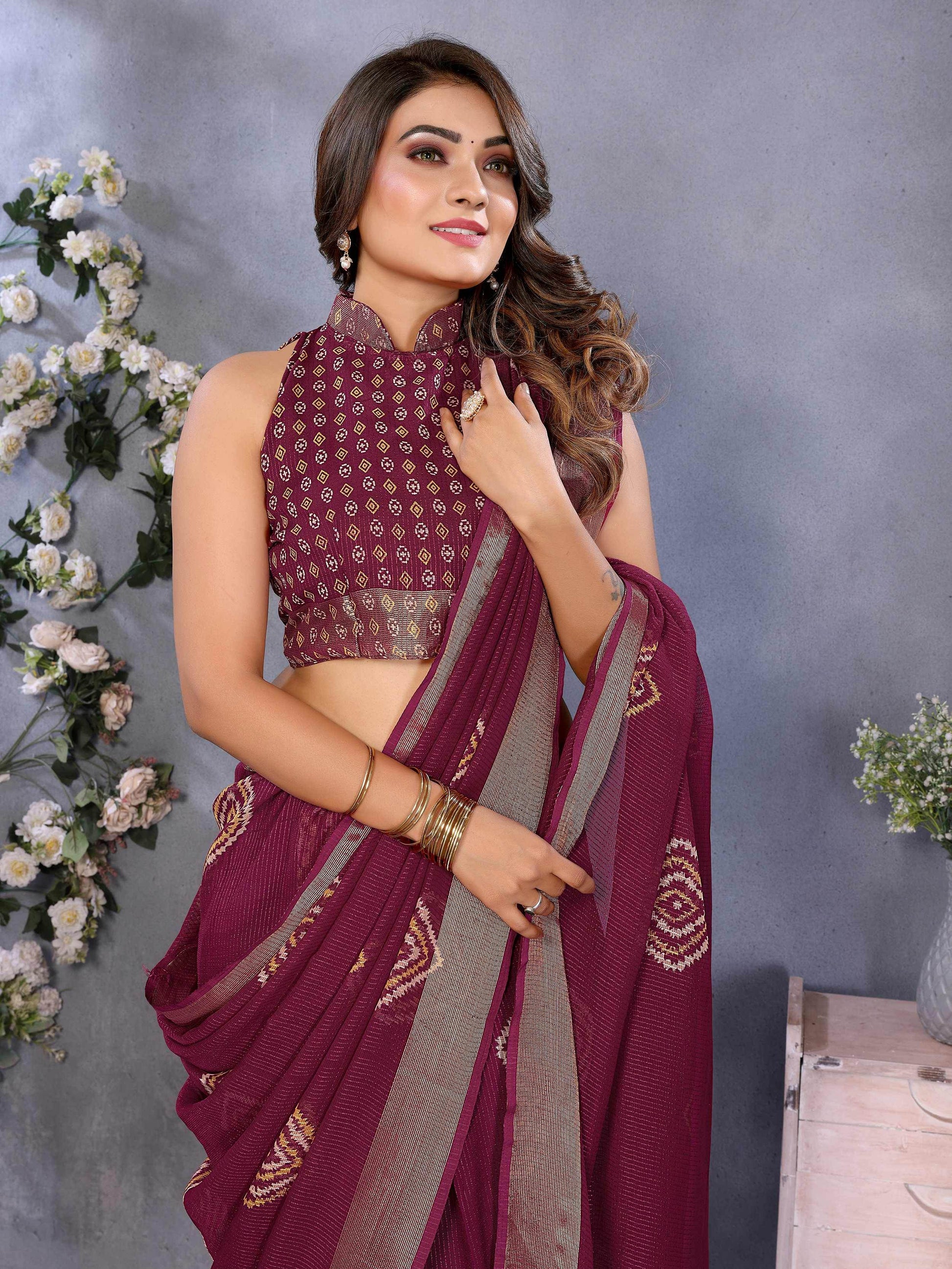 Excellent Wine Shibori Printed Chiffon Event Wear Saree With Blouse - Zeel Clothing