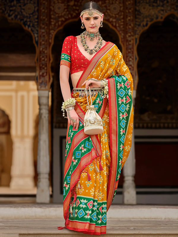 Excellent Yellow Printed Silk Haldi Wear Saree With Blouse - Zeel Clothing
