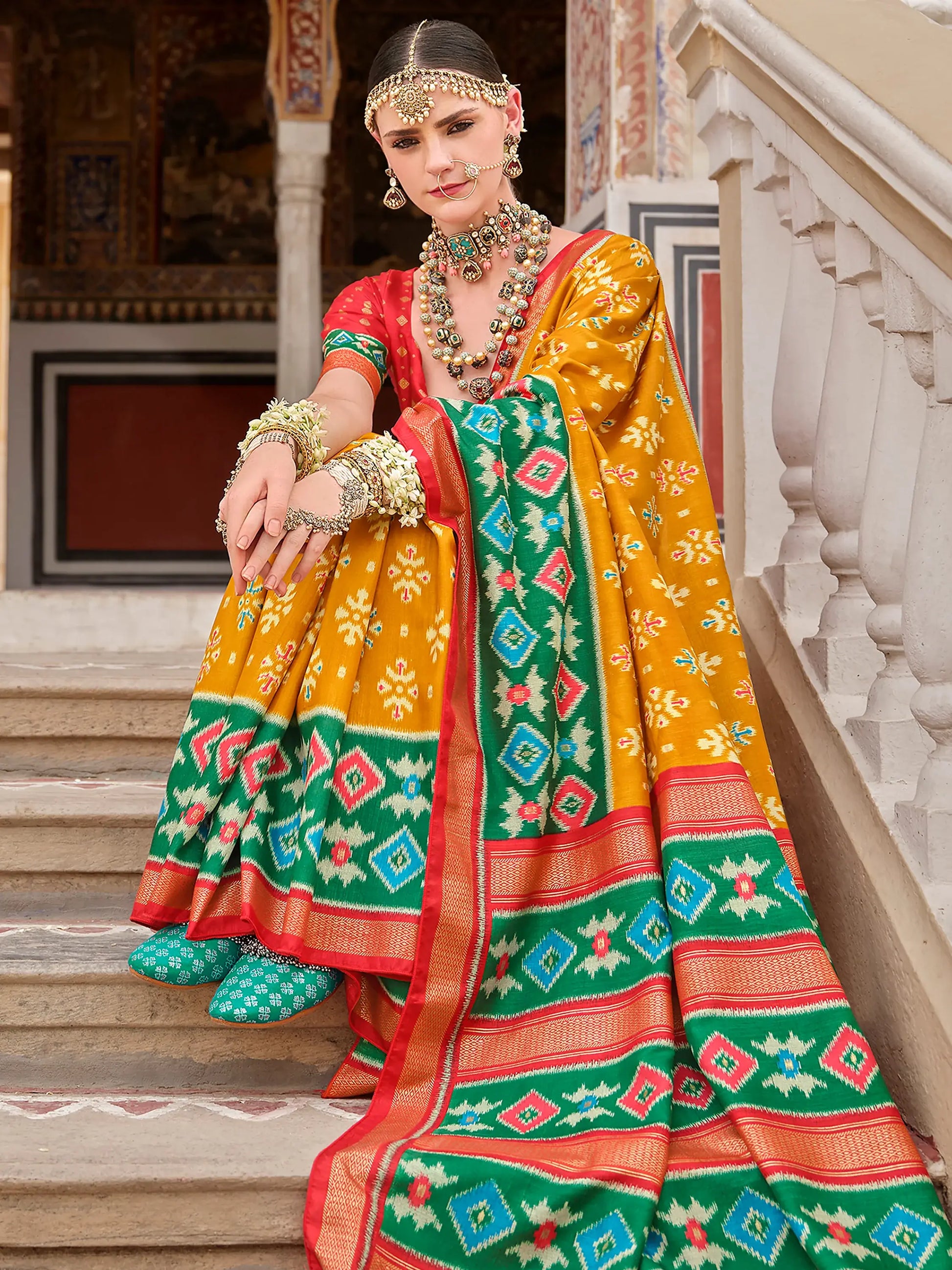 Excellent Yellow Printed Silk Haldi Wear Saree With Blouse - Zeel Clothing