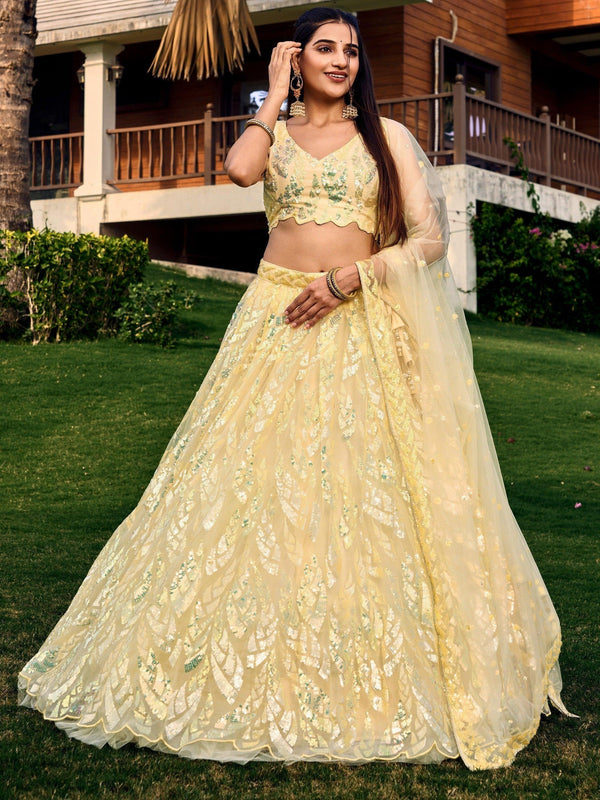Excellent Yellow Sequins Net Haldi Wear Lehenga Choli With Dupatta
