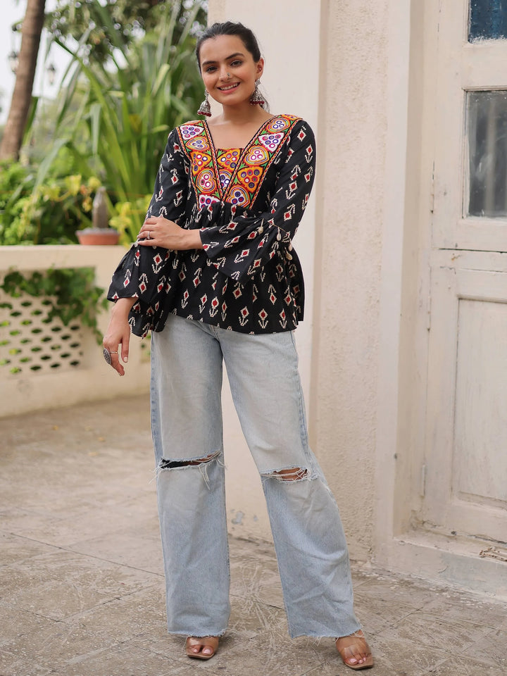 Exceptional Black Kutchi Patch Work Cotton Festive Special Peplum Top - Zeel Clothing