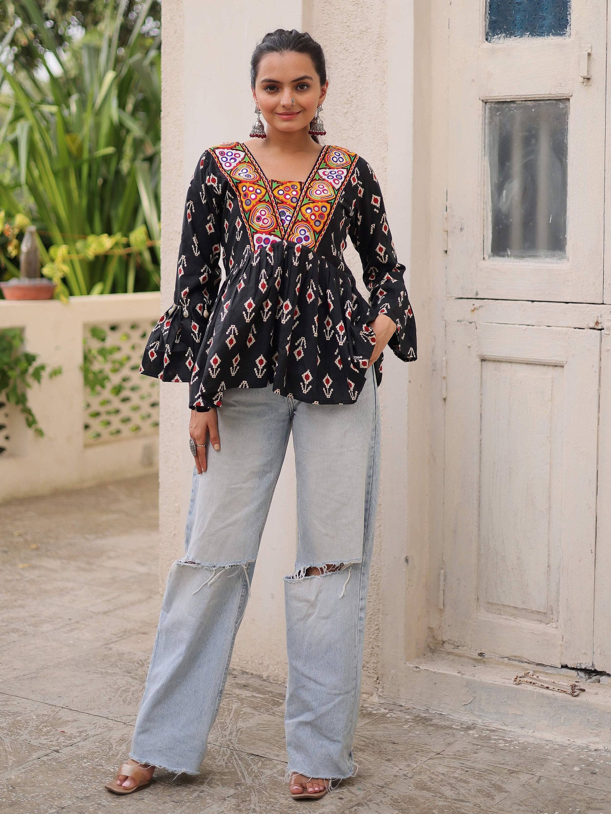 Exceptional Black Kutchi Patch Work Cotton Festive Special Peplum Top - Zeel Clothing