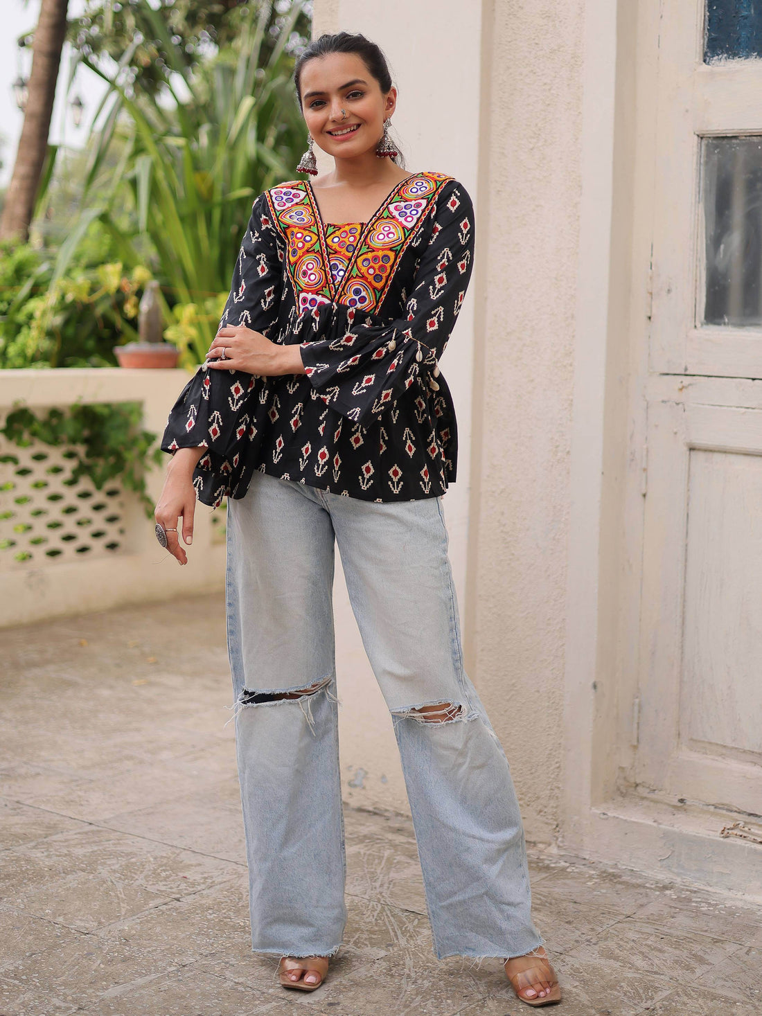 Exceptional Black Kutchi Patch Work Cotton Festive Special Peplum Top - Zeel Clothing