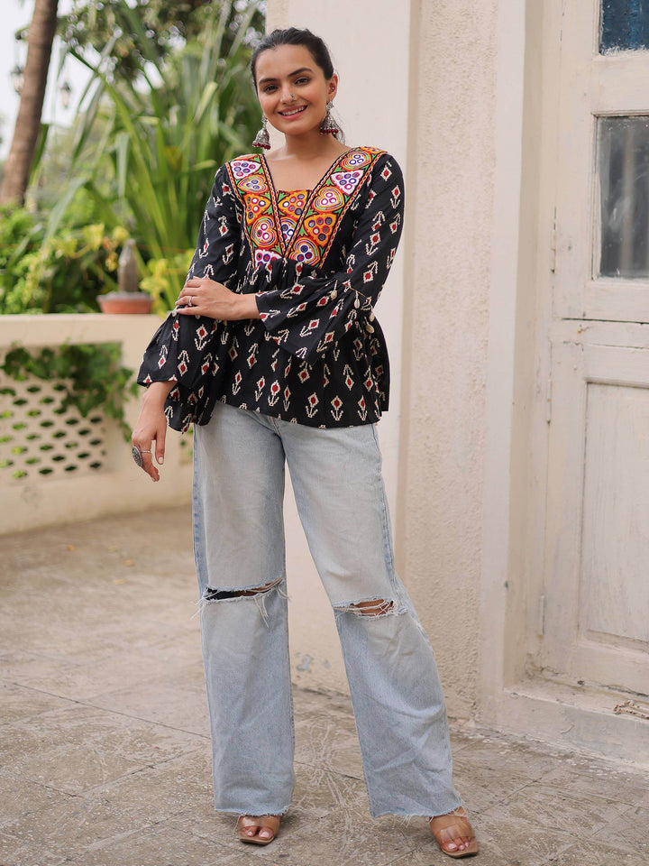 Exceptional Black Kutchi Patch Work Cotton Festive Special Peplum Top - Zeel Clothing