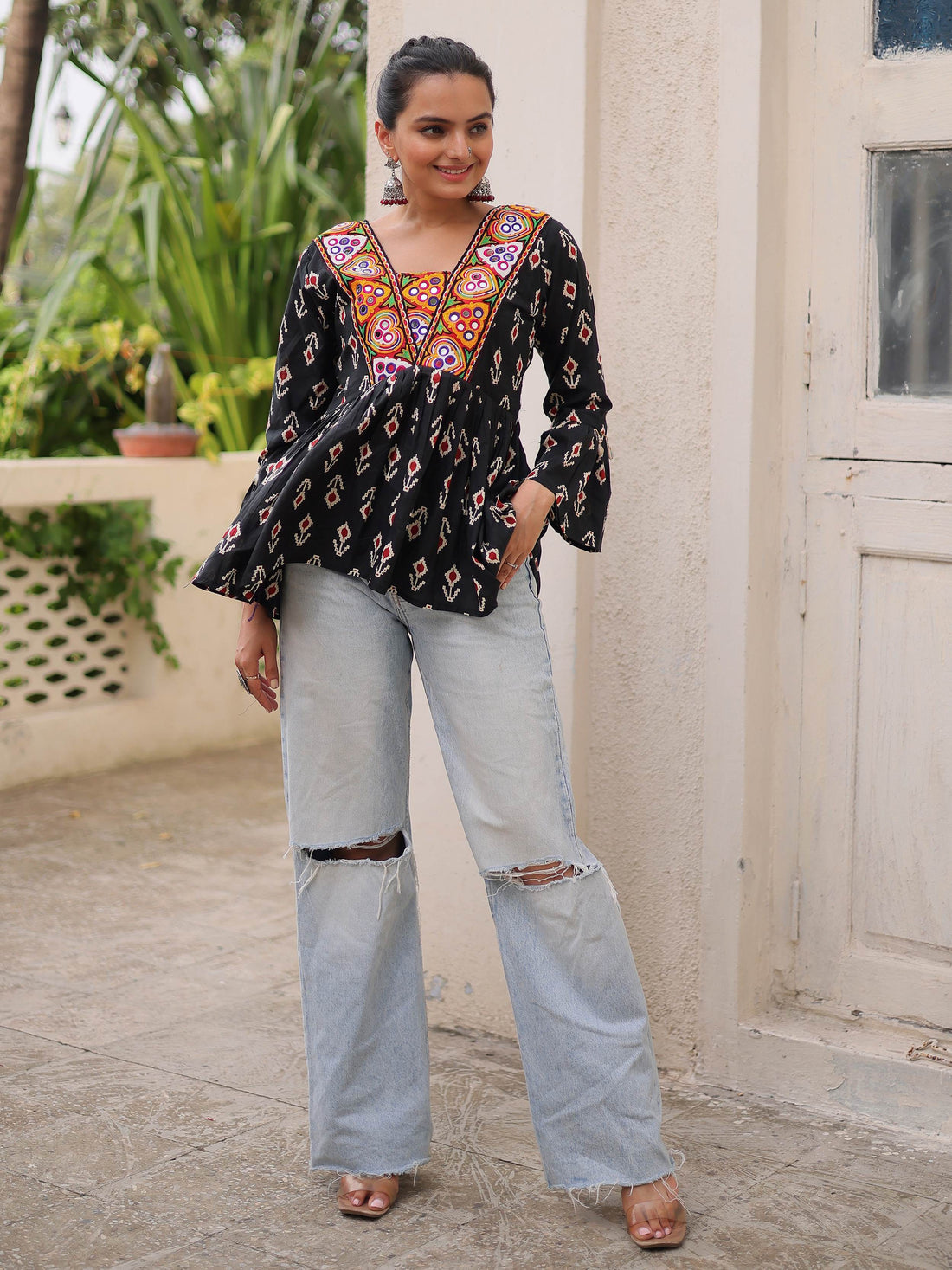 Exceptional Black Kutchi Patch Work Cotton Festive Special Peplum Top - Zeel Clothing