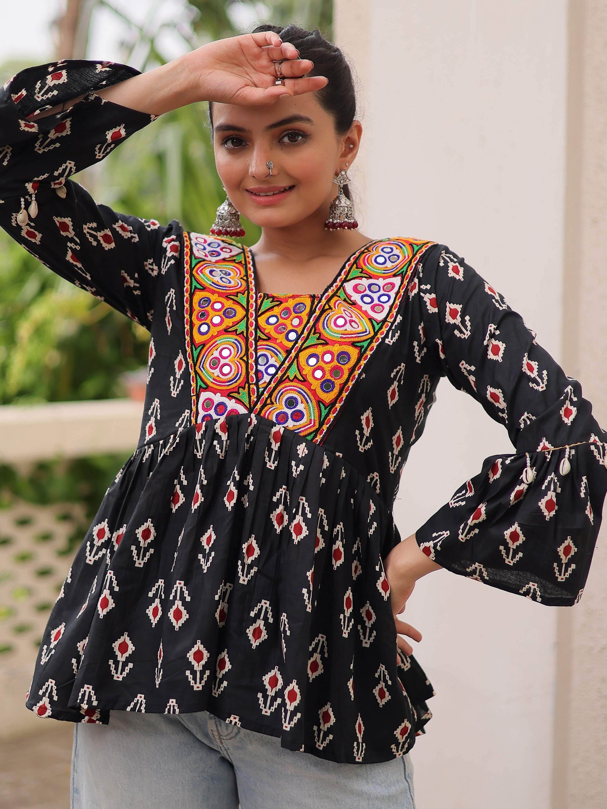 Exceptional Black Kutchi Patch Work Cotton Festive Special Peplum Top - Zeel Clothing