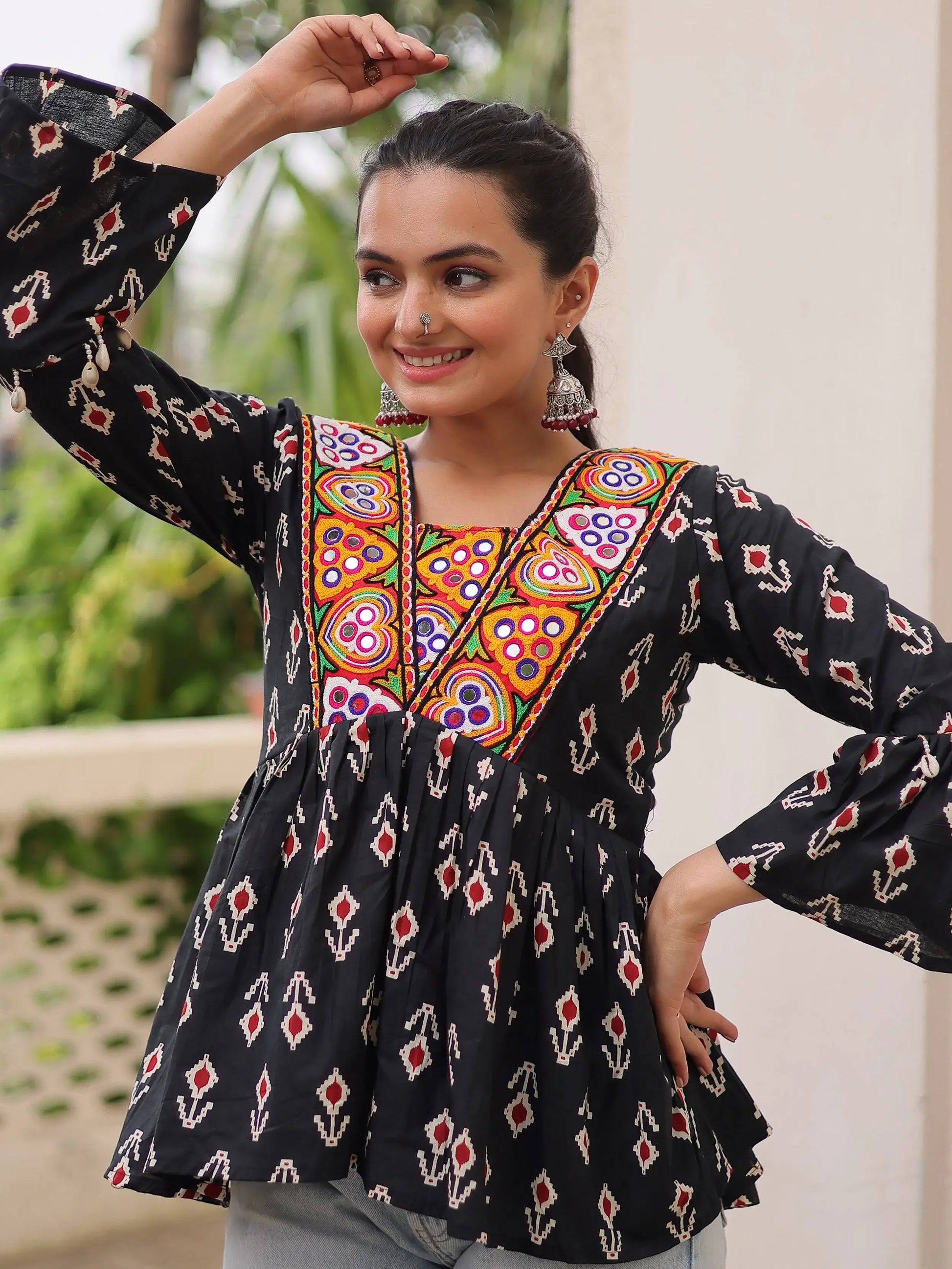 Exceptional Black Kutchi Patch Work Cotton Festive Special Peplum Top - Zeel Clothing