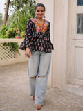 Exceptional Black Kutchi Patch Work Cotton Festive Special Peplum Top - Zeel Clothing