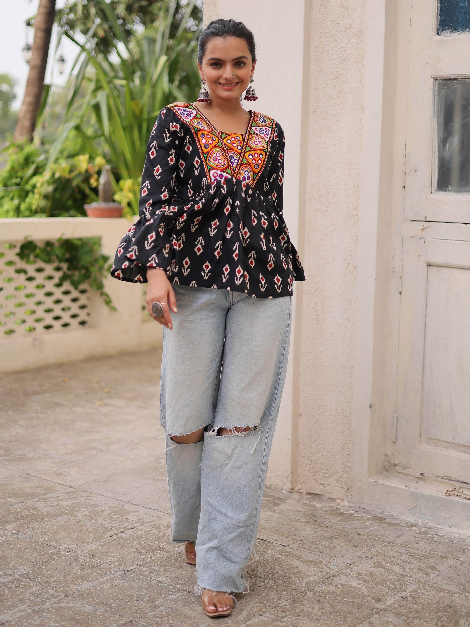 Exceptional Black Kutchi Patch Work Cotton Festive Special Peplum Top - Zeel Clothing