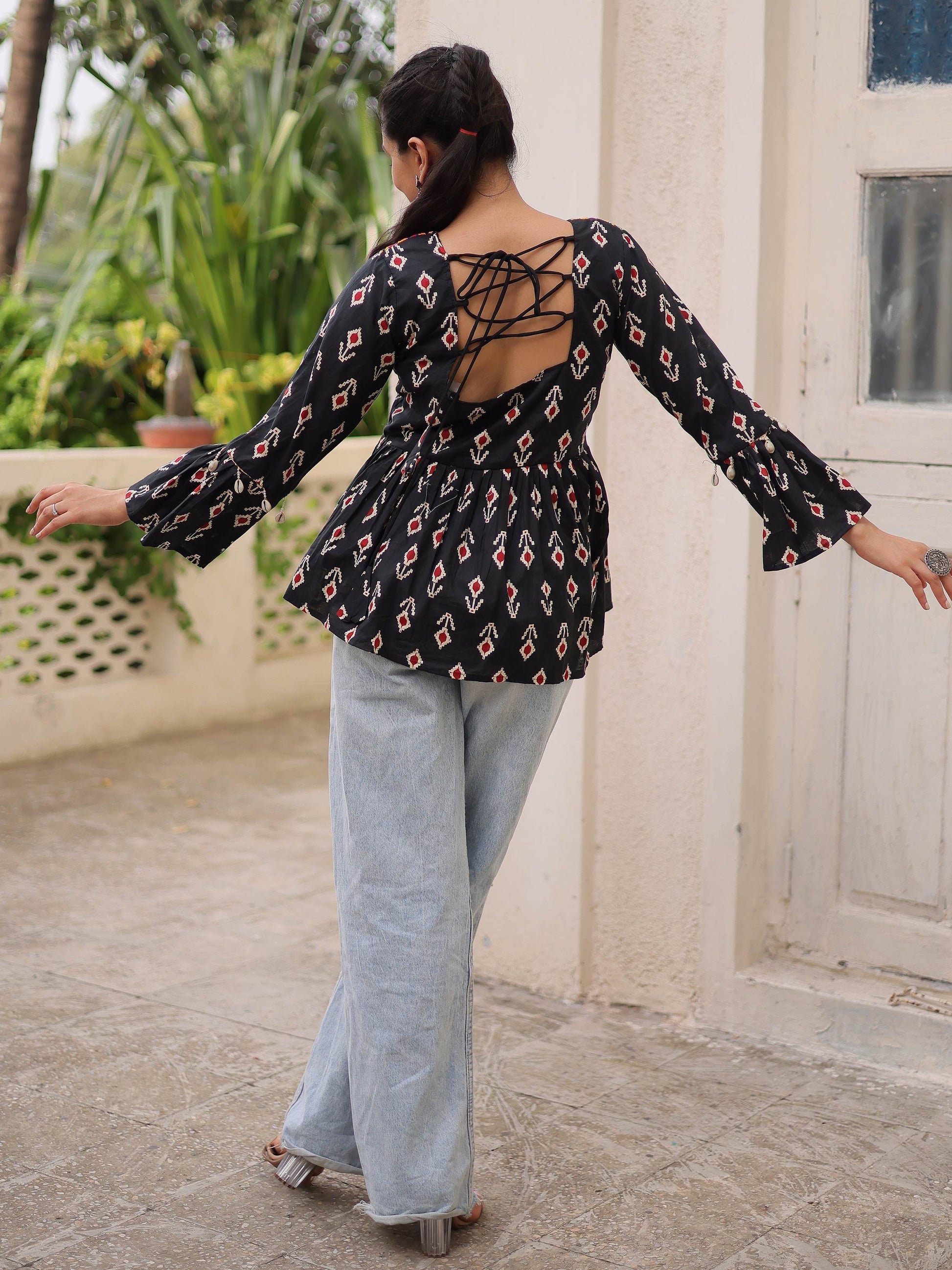 Exceptional Black Kutchi Patch Work Cotton Festive Special Peplum Top - Zeel Clothing