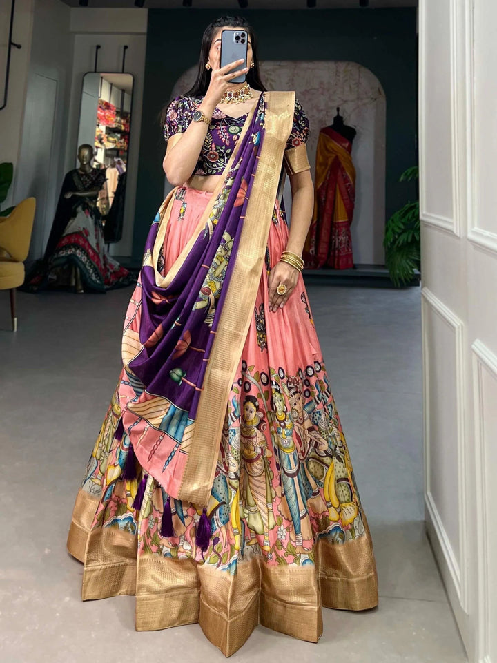 Exceptional Peach Kalamkari Print Silk Traditional Lehenga Choli