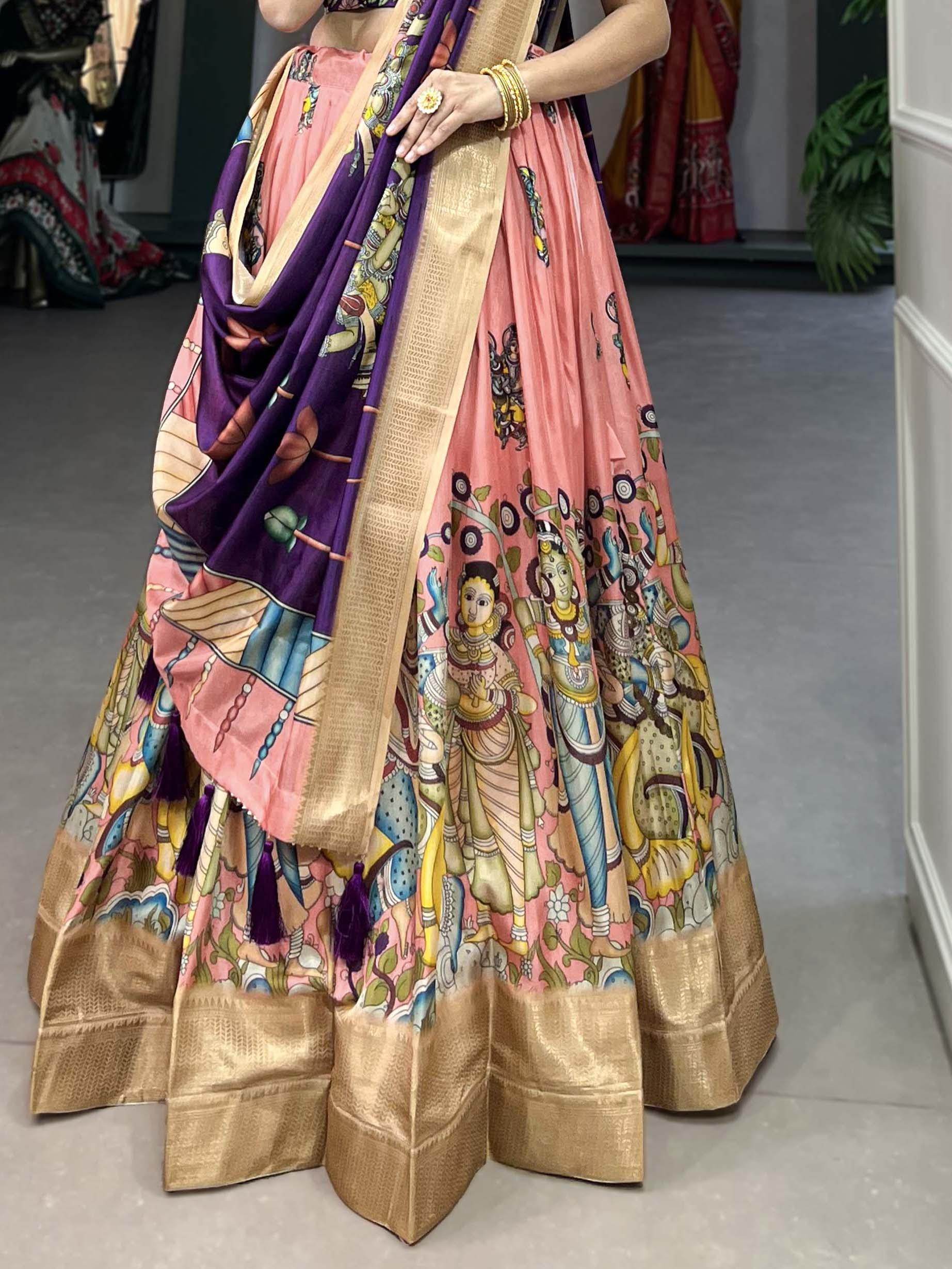 Exceptional Peach Kalamkari Print Silk Traditional Lehenga Choli - Zeel Clothing