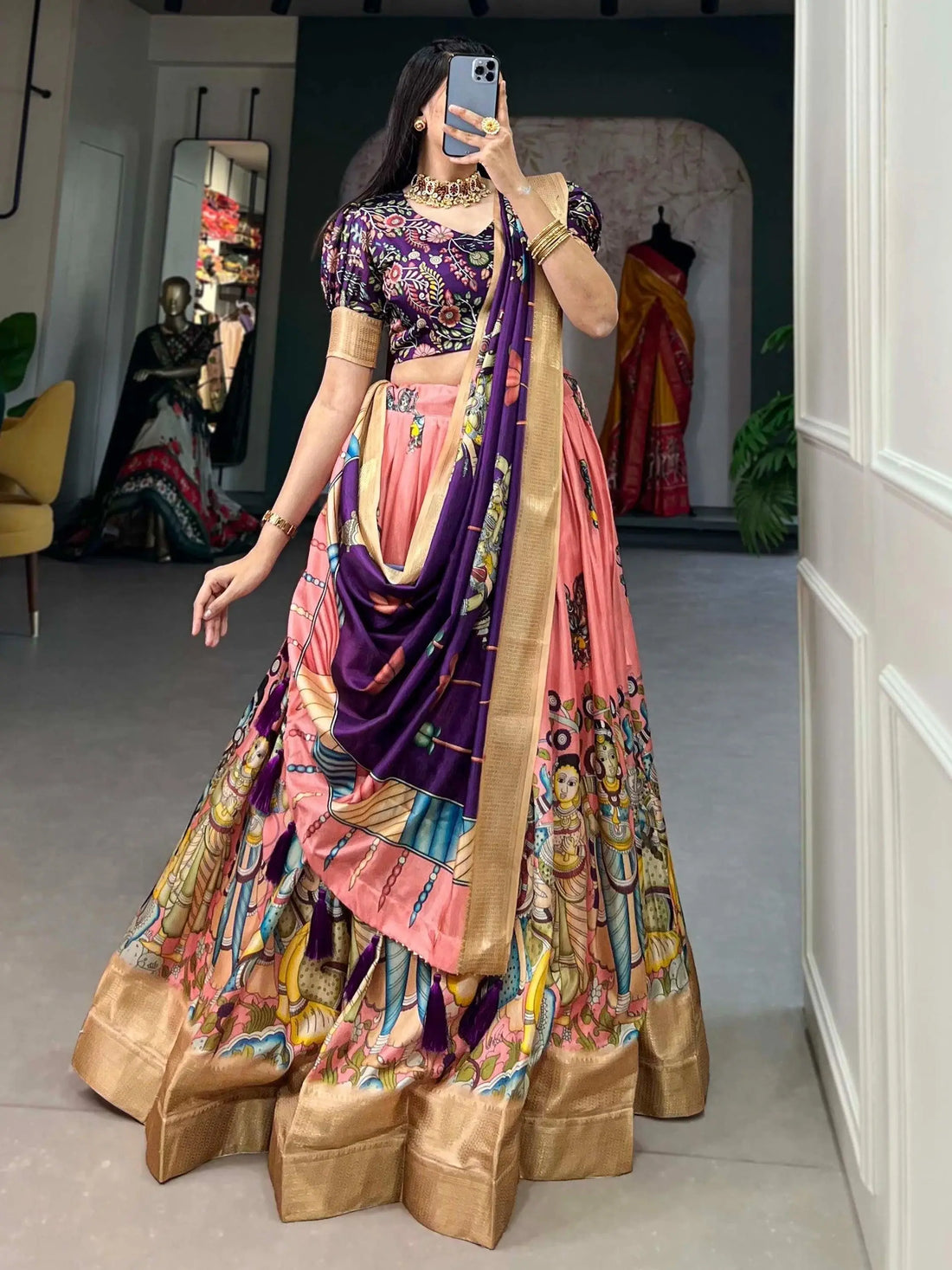 Exceptional Peach Kalamkari Print Silk Traditional Lehenga Choli - Zeel Clothing