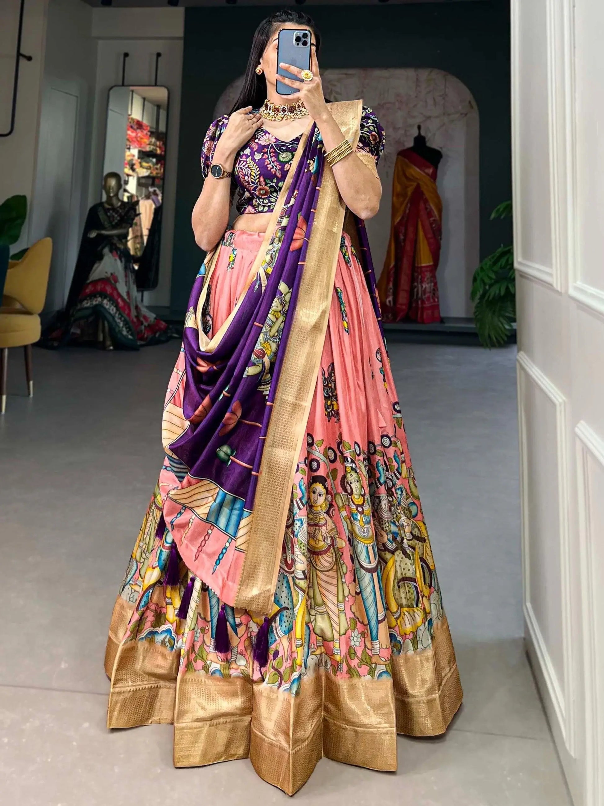 Exceptional Peach Kalamkari Print Silk Traditional Lehenga Choli - Zeel Clothing