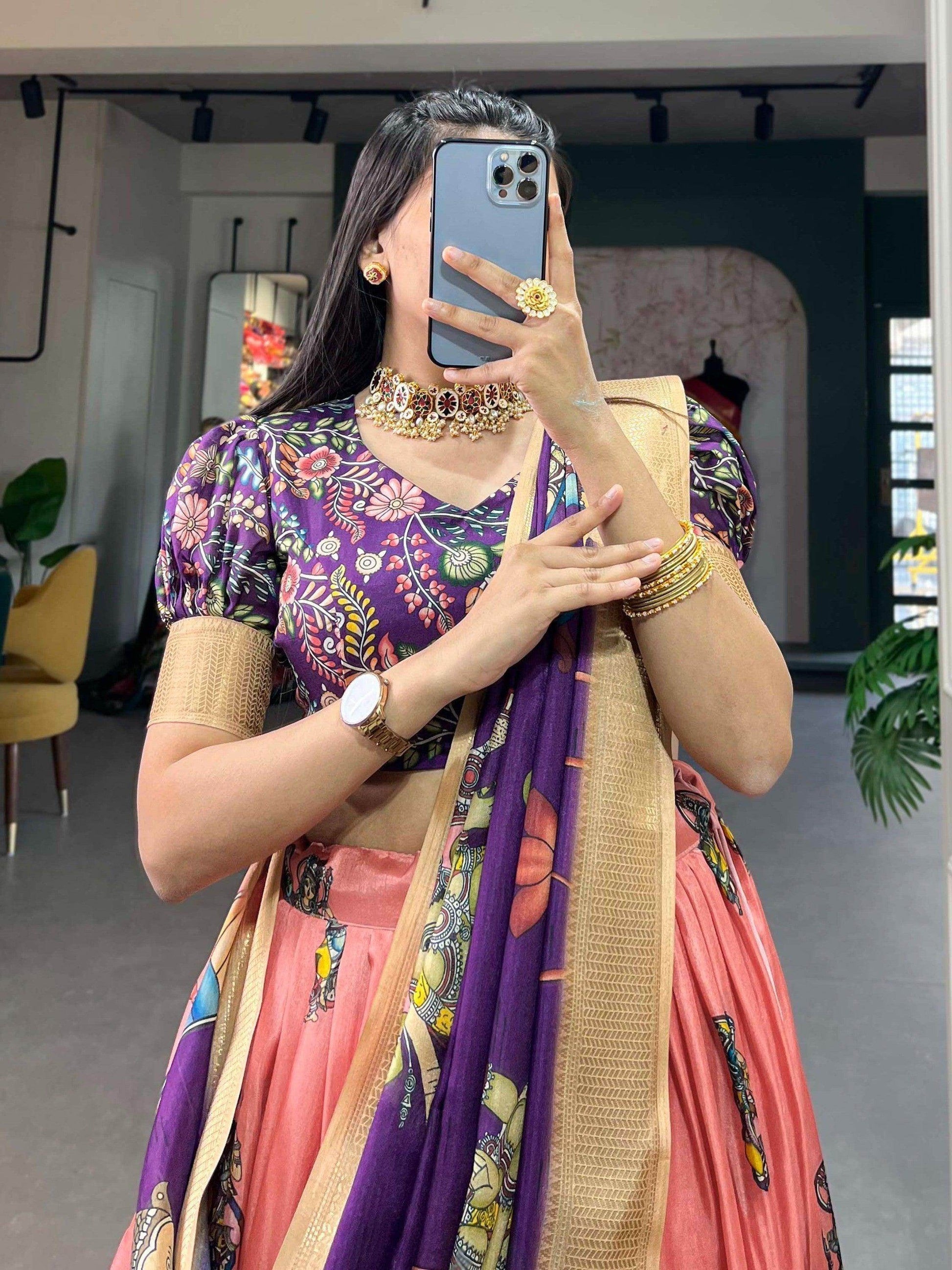 Exceptional Peach Kalamkari Print Silk Traditional Lehenga Choli - Zeel Clothing