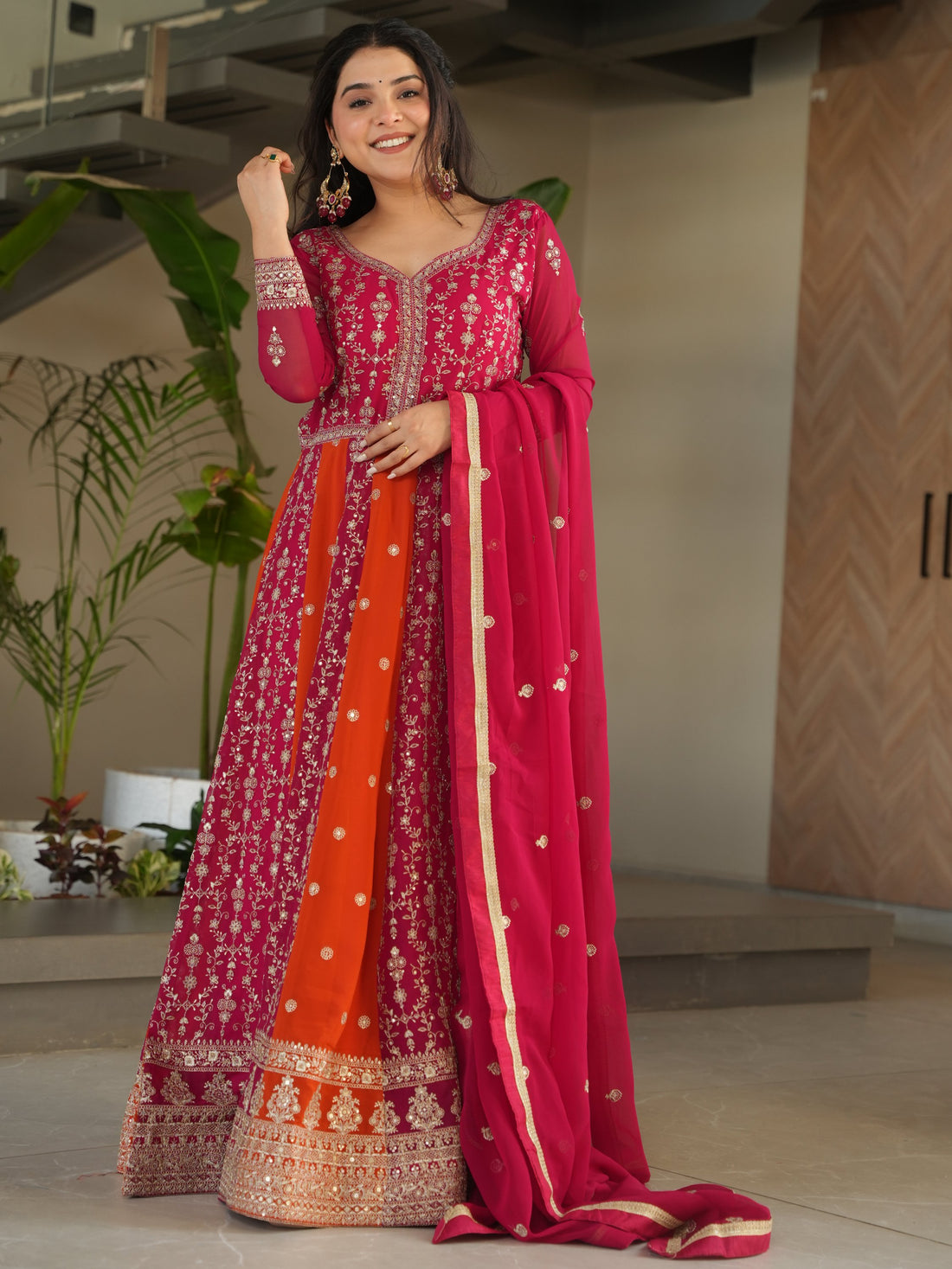 Exceptional Pink Zari Embroidery Georgette Wedding Wear Gown With Dupatta - Zeel Clothing