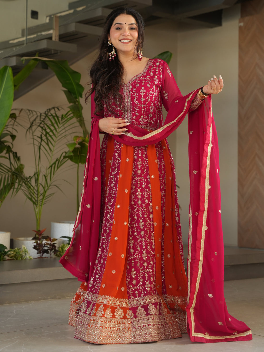 Exceptional Pink Zari Embroidery Georgette Wedding Wear Gown With Dupatta - Zeel Clothing