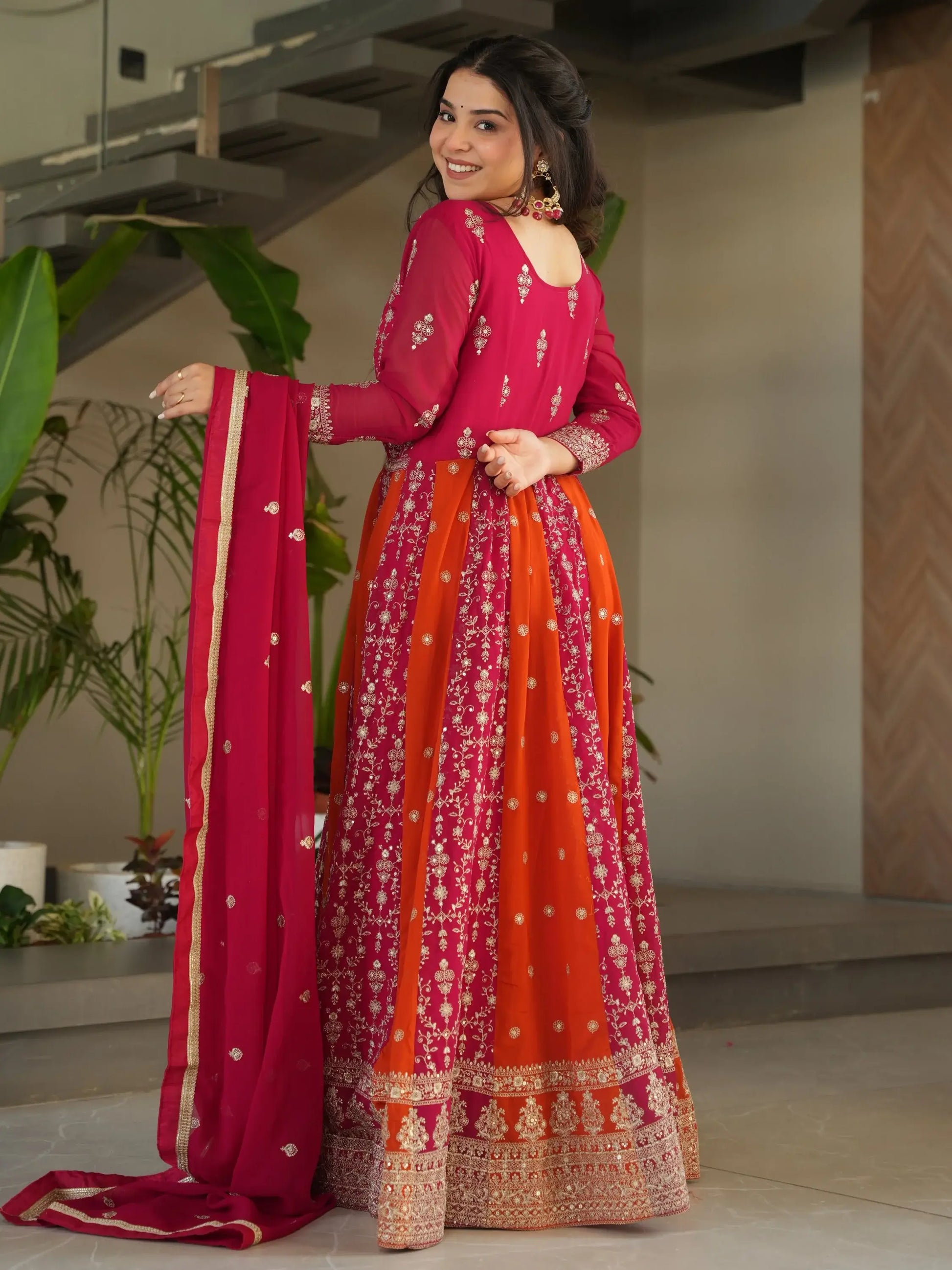 Exceptional Pink Zari Embroidery Georgette Wedding Wear Gown With Dupatta - Zeel Clothing