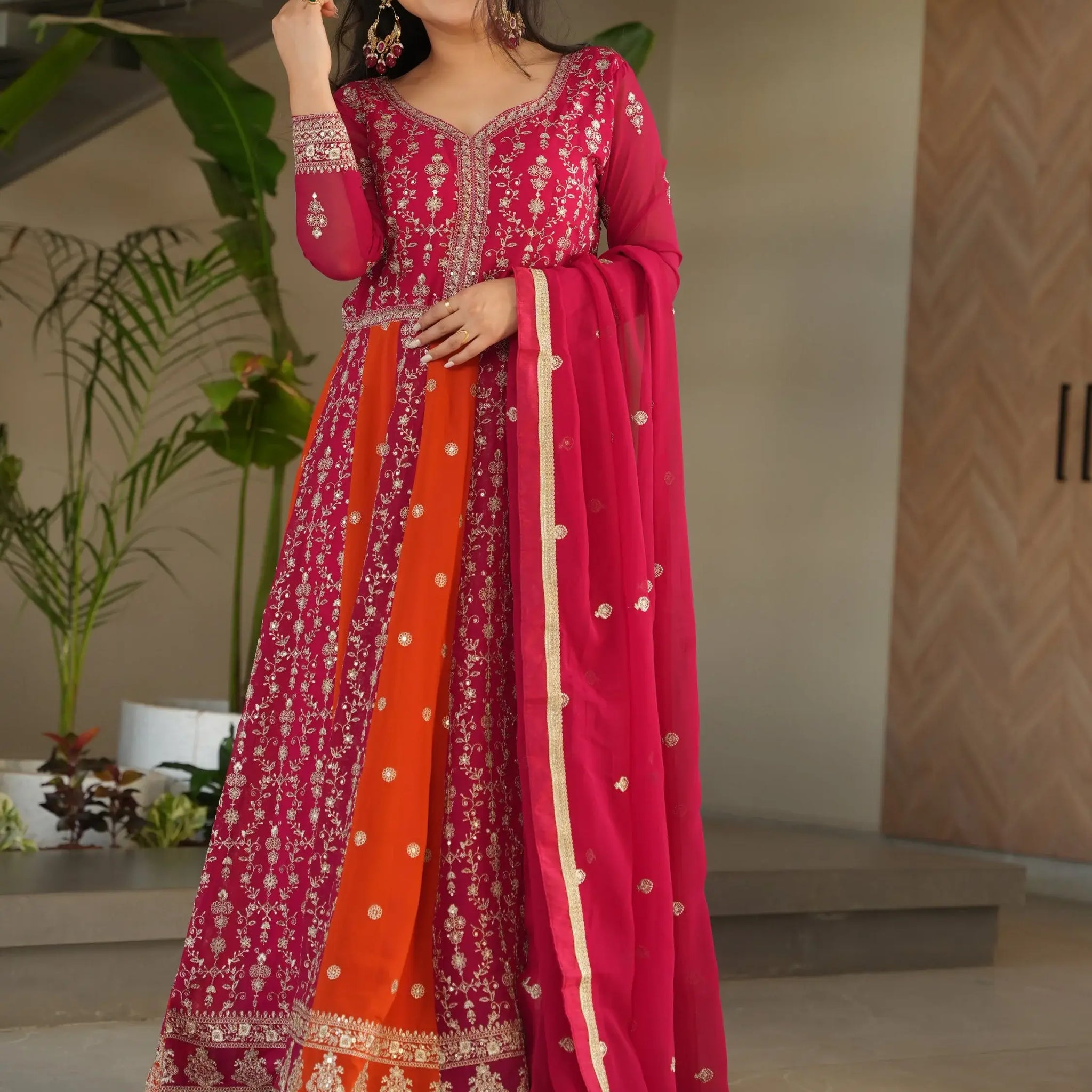 Exceptional Pink Zari Embroidery Georgette Wedding Wear Gown With Dupatta - Zeel Clothing