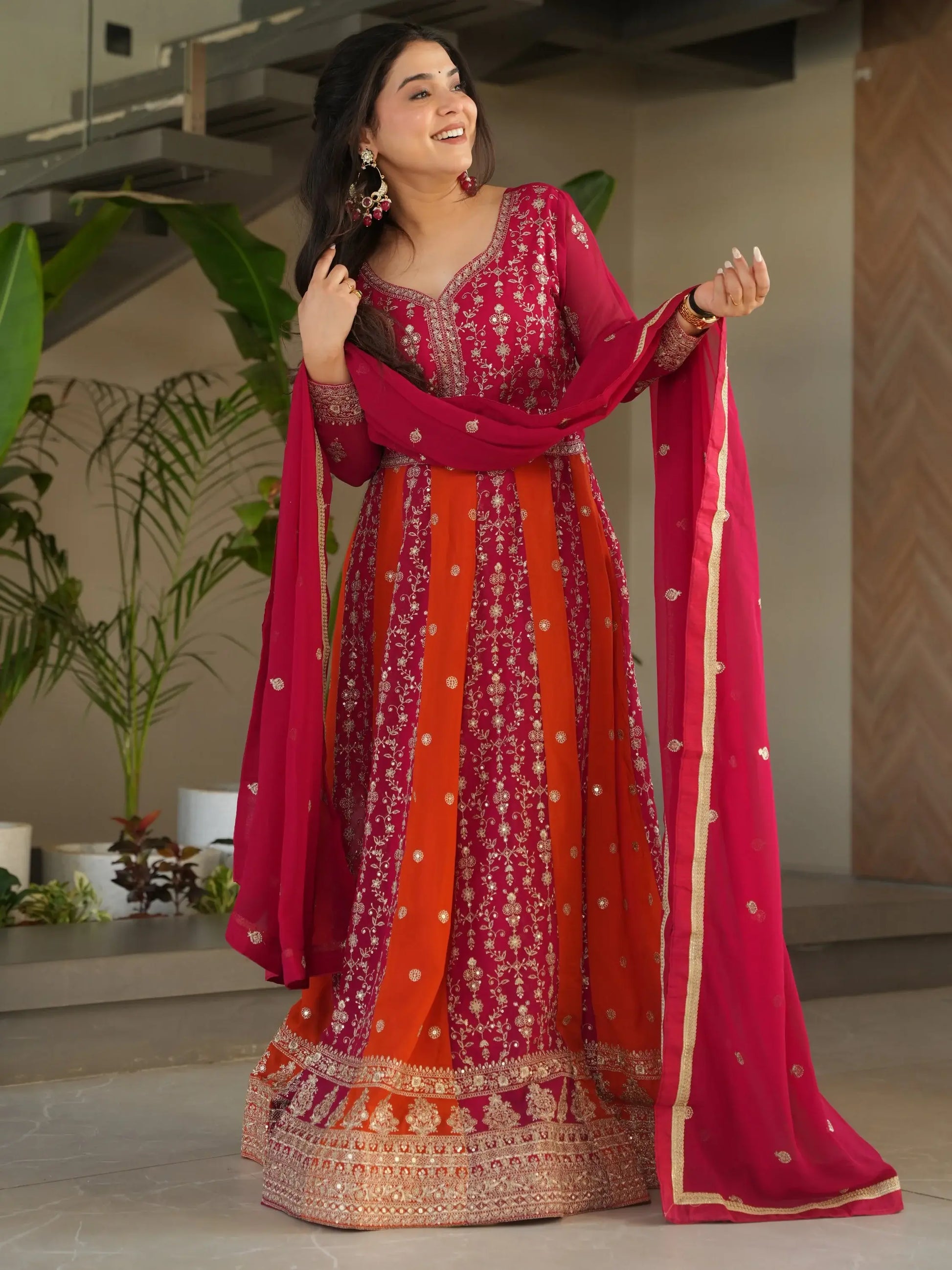 Exceptional Pink Zari Embroidery Georgette Wedding Wear Gown With Dupatta - Zeel Clothing