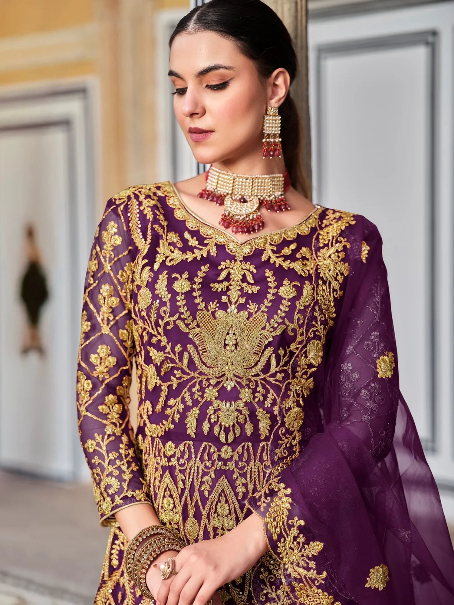 Exceptional Purple Heavy Embroidered Net Reception Wear Gown With Dupatta