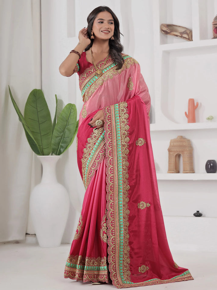 Exceptional Red Coding Work Chinon Festive Wear Saree With Blouse