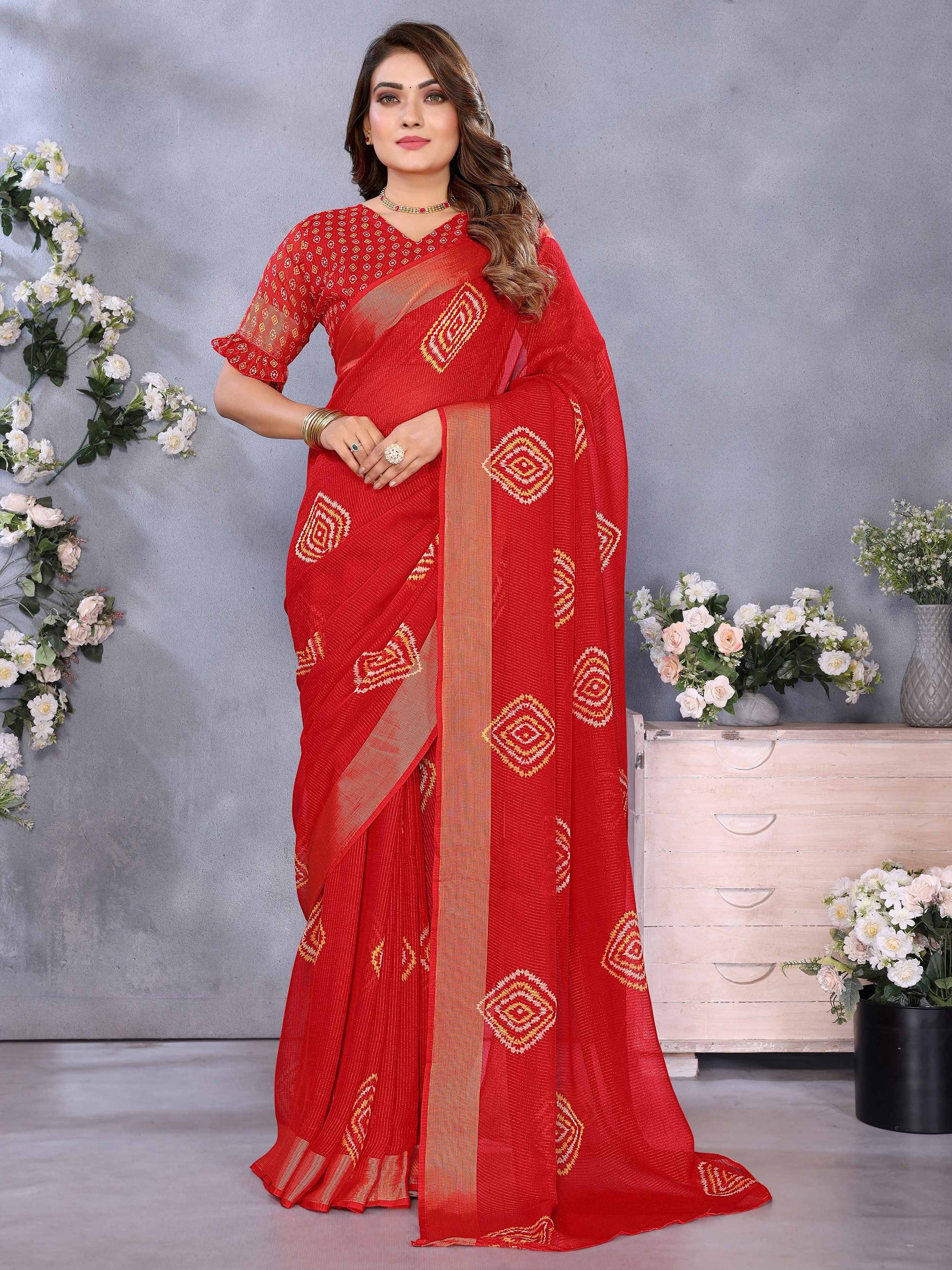 Exceptional Red Shibori Print Chiffon Wedding Wear Saree With Blouse - Zeel Clothing
