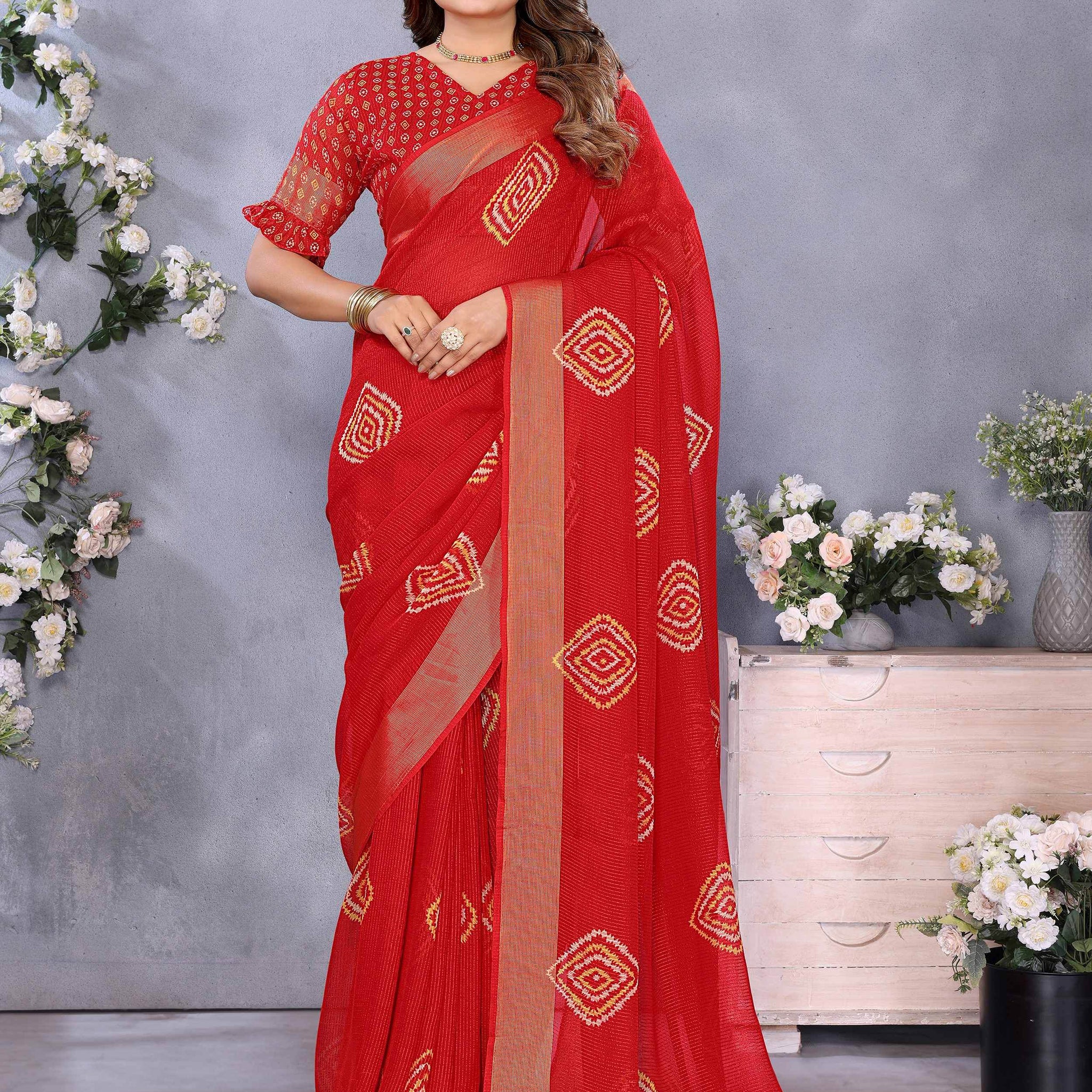 Exceptional Red Shibori Print Chiffon Wedding Wear Saree With Blouse - Zeel Clothing