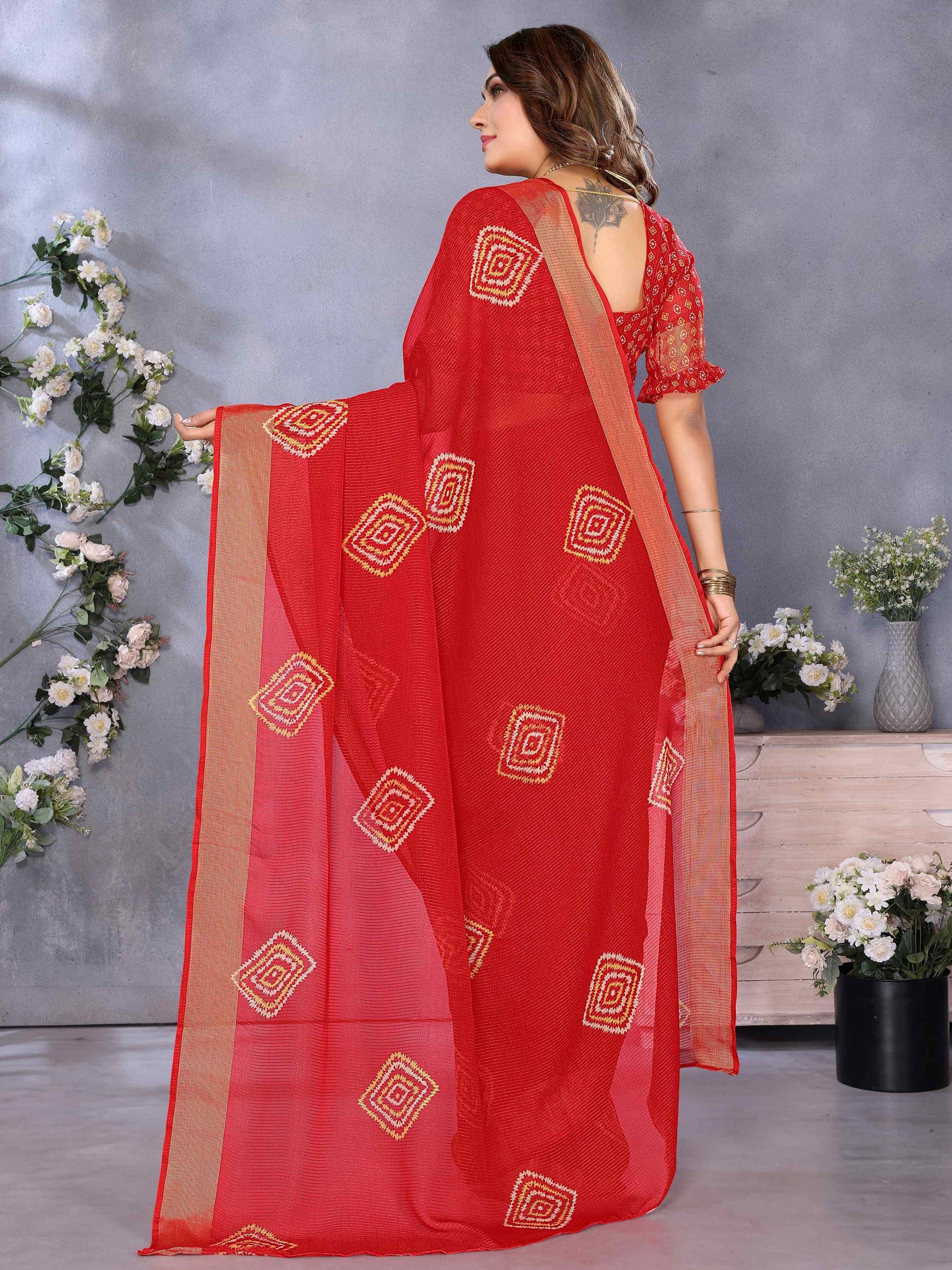 Exceptional Red Shibori Print Chiffon Wedding Wear Saree With Blouse - Zeel Clothing