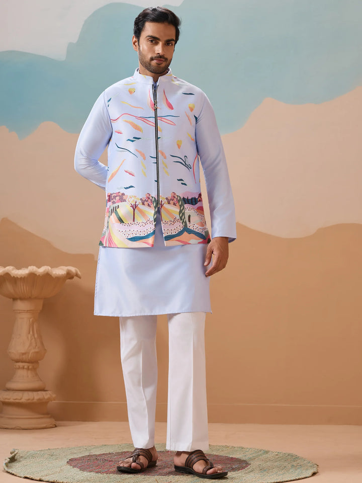 Exceptional Sky Blue Thread Work Silk Function Wear Men Kurta Set With Jacket