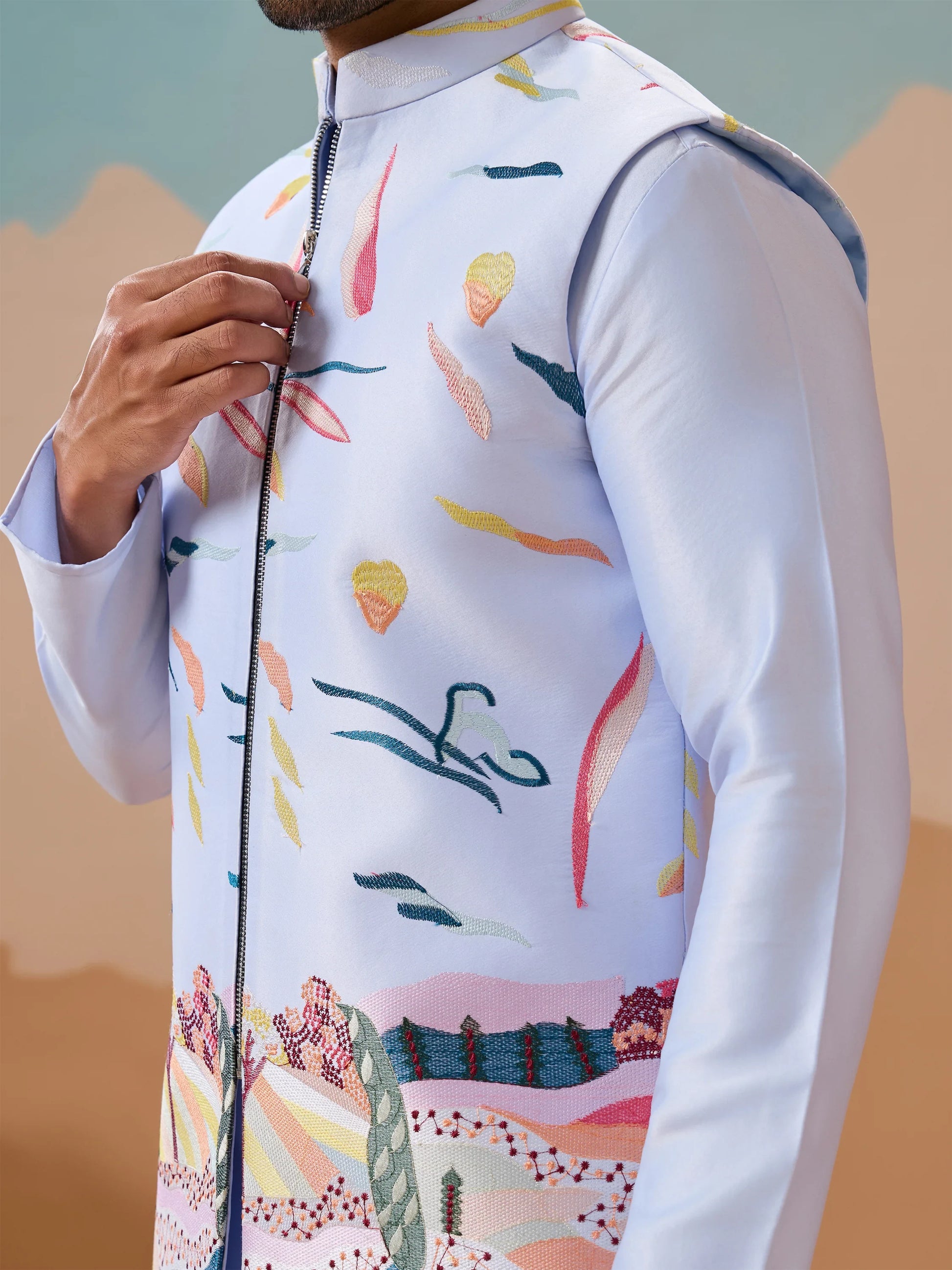 Exceptional Sky Blue Thread Work Silk Function Wear Men Kurta Set With Jacket