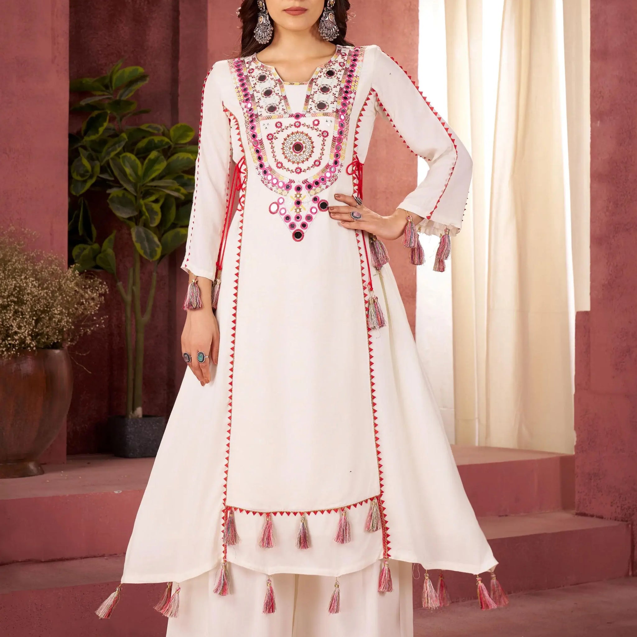 Exceptional White Thread Embroidered Rayon Event Wear Co-Ord Set - Zeel Clothing