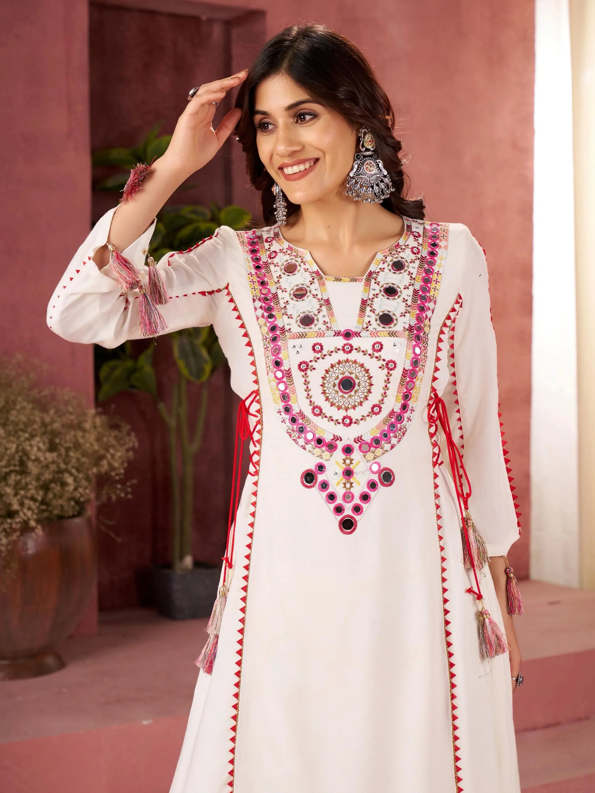 Exceptional White Thread Embroidered Rayon Event Wear Co-Ord Set - Zeel Clothing