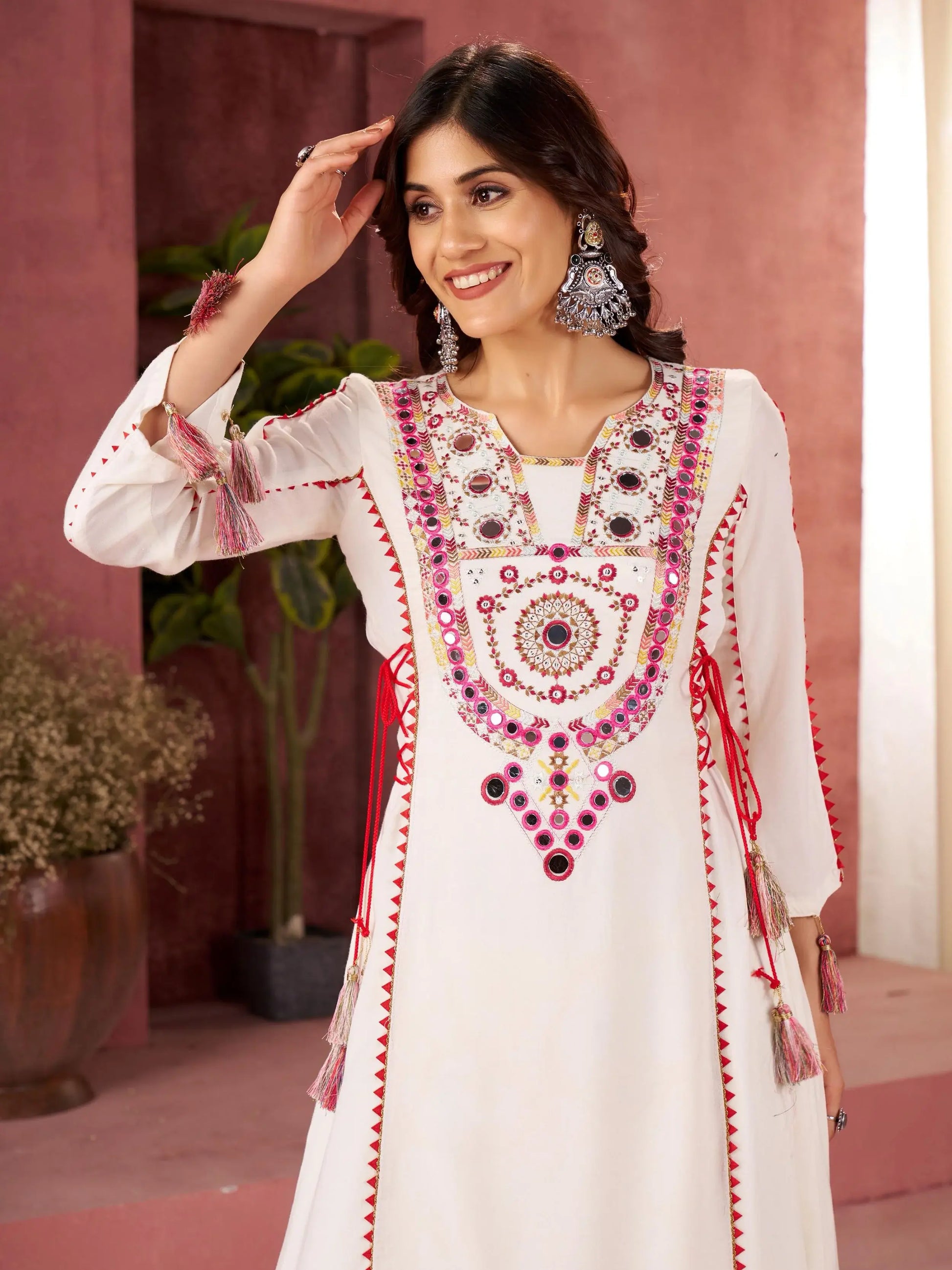 Exceptional White Thread Embroidered Rayon Event Wear Co-Ord Set - Zeel Clothing