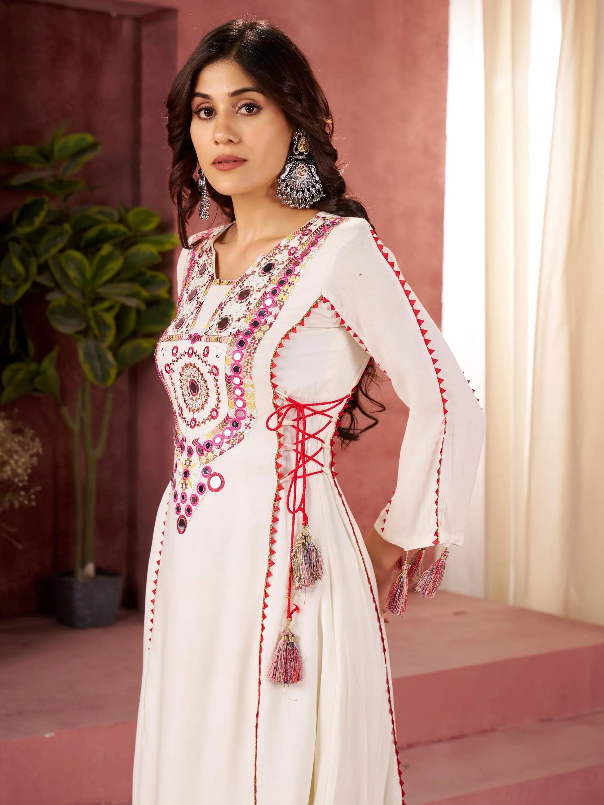 Exceptional White Thread Embroidered Rayon Event Wear Co-Ord Set - Zeel Clothing