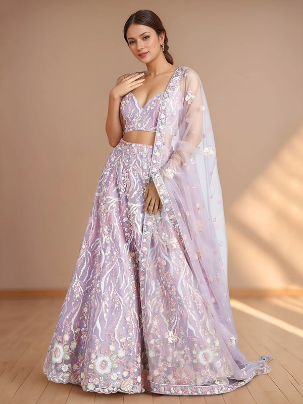 Exclusive Lavender Thread Embroidery Net Reception Wear Lehenga Choli