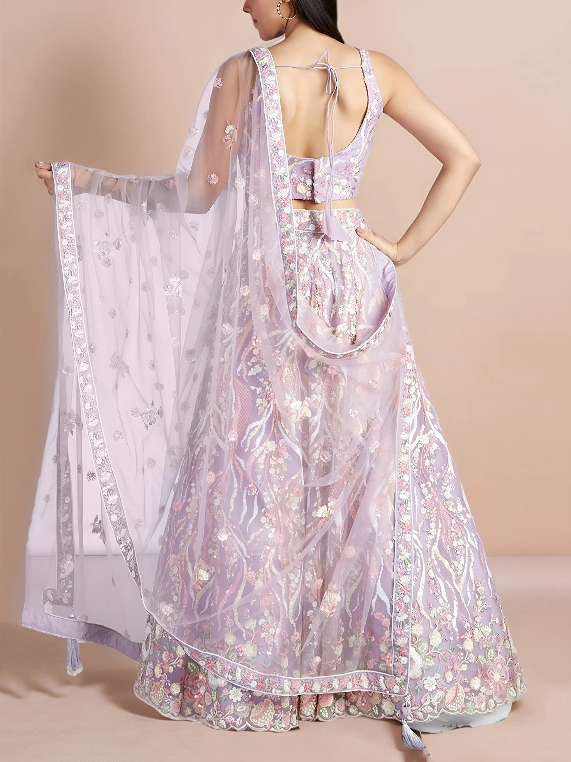 Exclusive Lavender Thread Embroidery Net Reception Wear Lehenga Choli