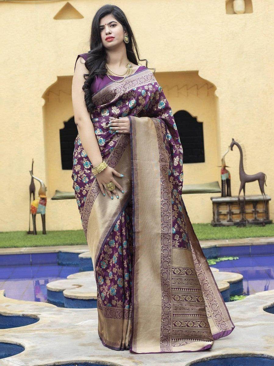 Exclusive Purple Floral Weaving Banarasi Silk Festive Saree With Blouse - Zeel Clothing