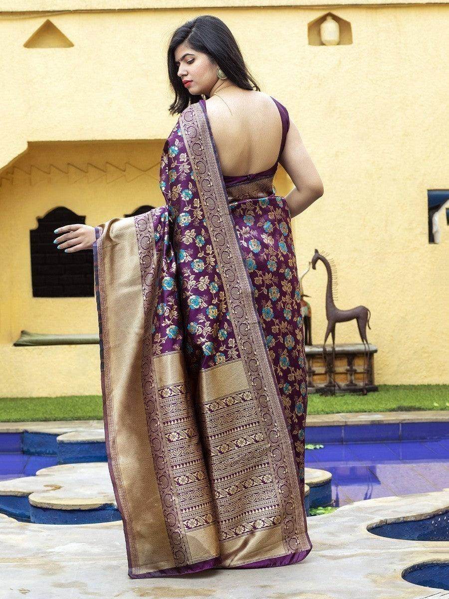 Exclusive Purple Floral Weaving Banarasi Silk Festive Saree With Blouse - Zeel Clothing