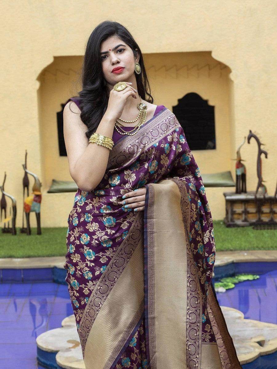 Exclusive Purple Floral Weaving Banarasi Silk Festive Saree With Blouse - Zeel Clothing