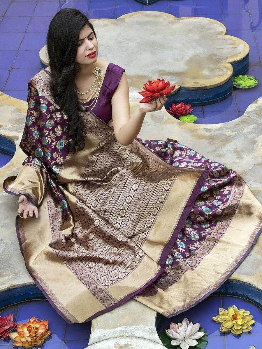 Exclusive Purple Floral Weaving Banarasi Silk Festive Saree With Blouse - Zeel Clothing