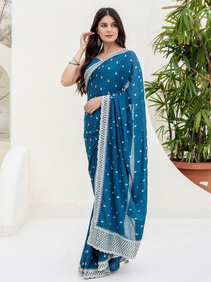 Exclusive Teal Blue Dori Embroidered Chinon Event Wear Saree With Blouse - Zeel Clothing