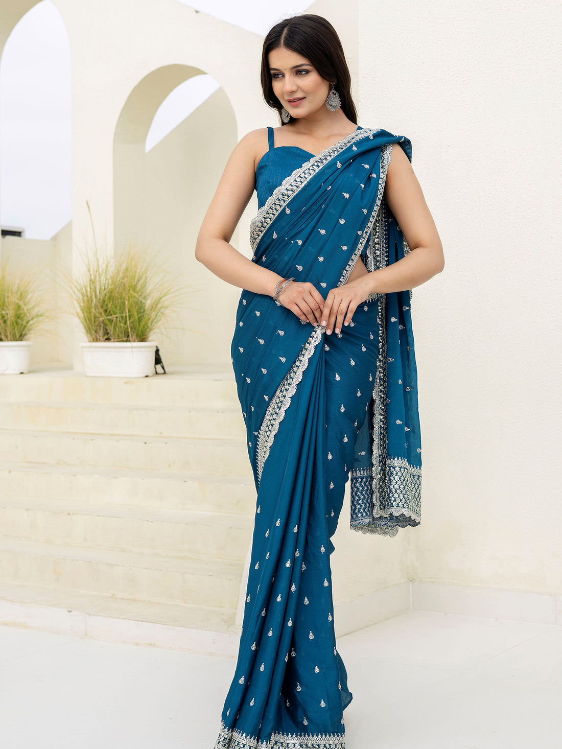 Exclusive Teal Blue Dori Embroidered Chinon Event Wear Saree With Blouse - Zeel Clothing