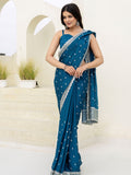 Exclusive Teal Blue Dori Embroidered Chinon Event Wear Saree With Blouse - Zeel Clothing