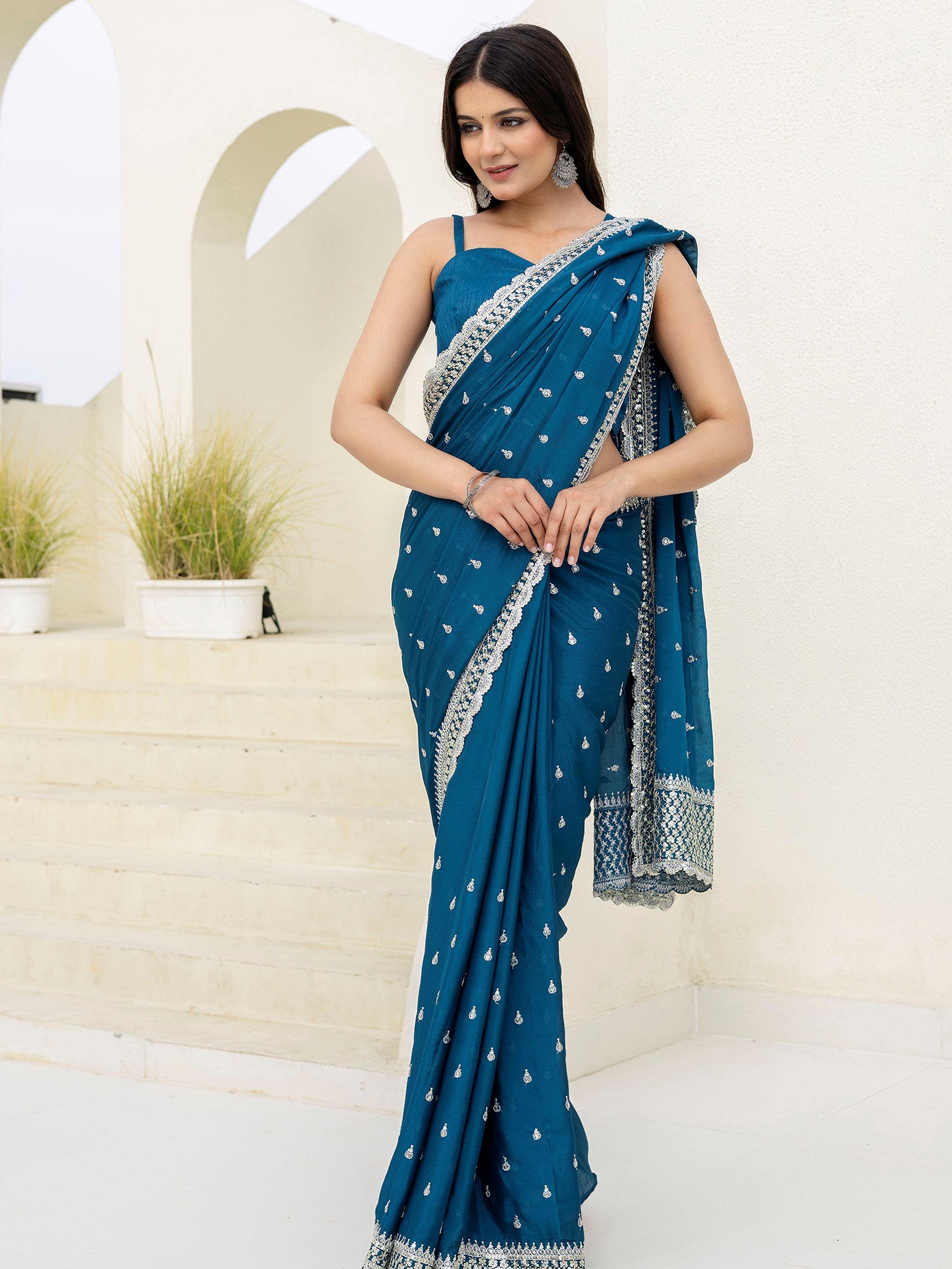 Exclusive Teal Blue Dori Embroidered Chinon Event Wear Saree With Blouse - Zeel Clothing