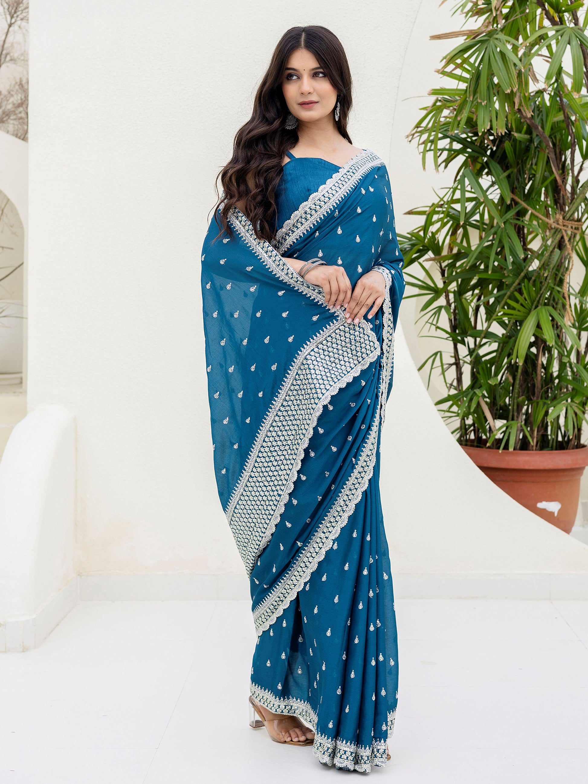 Exclusive Teal Blue Dori Embroidered Chinon Event Wear Saree With Blouse - Zeel Clothing