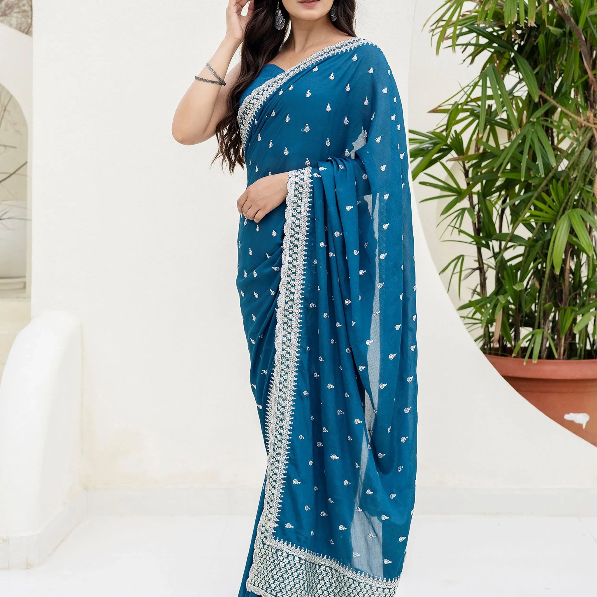 Exclusive Teal Blue Dori Embroidered Chinon Event Wear Saree With Blouse - Zeel Clothing