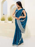 Exclusive Teal Blue Dori Embroidered Chinon Event Wear Saree With Blouse - Zeel Clothing